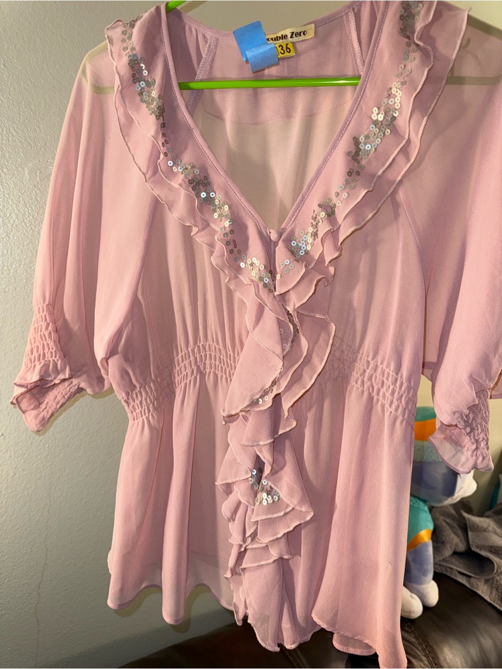 Double Zero Pink Sequin Ruffle Sheer Blouse Size Small A-24